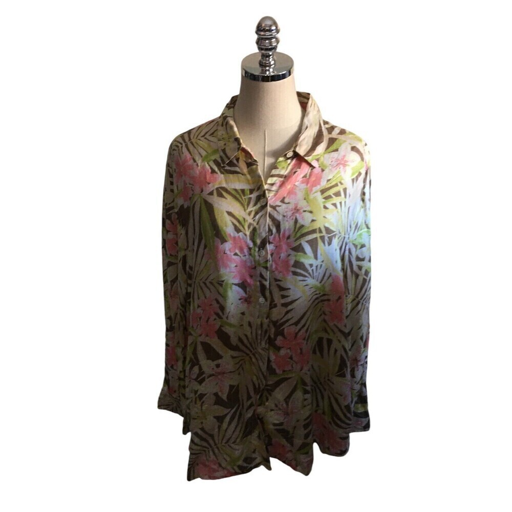 J Jill Top Women's Size XL Green Floral Long Sleeve Linen Pink Floral Button Up